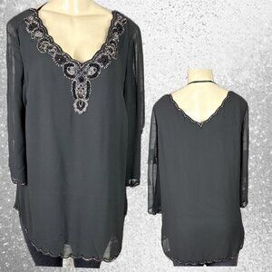 Denim 24/7 +14W Sheer Black Lined Beaded V-Neck Scallop Trim 3/4 Sleeve Blouse